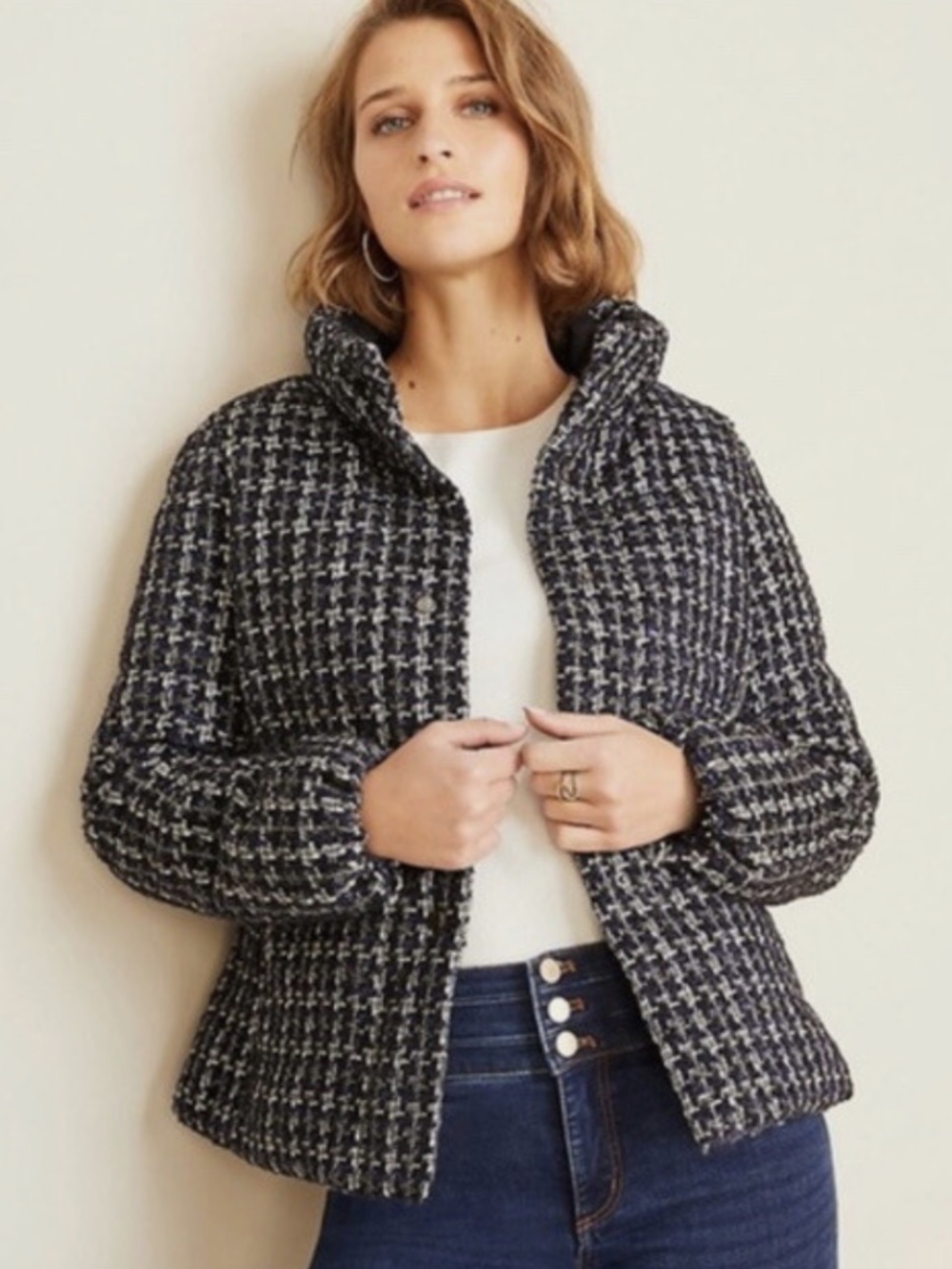 Ann Taylor Tweed Puffer Coat Size M Funnel Neck Blue and Metallic Tweed